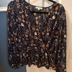 Floral Wrap Blouse - Navy with Rust and Cream Flowers